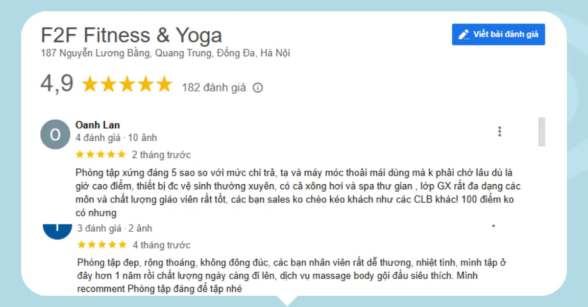 Khách hàng đánh giá cao về trải nghiệm dịch vụ tại F2F Fitness
