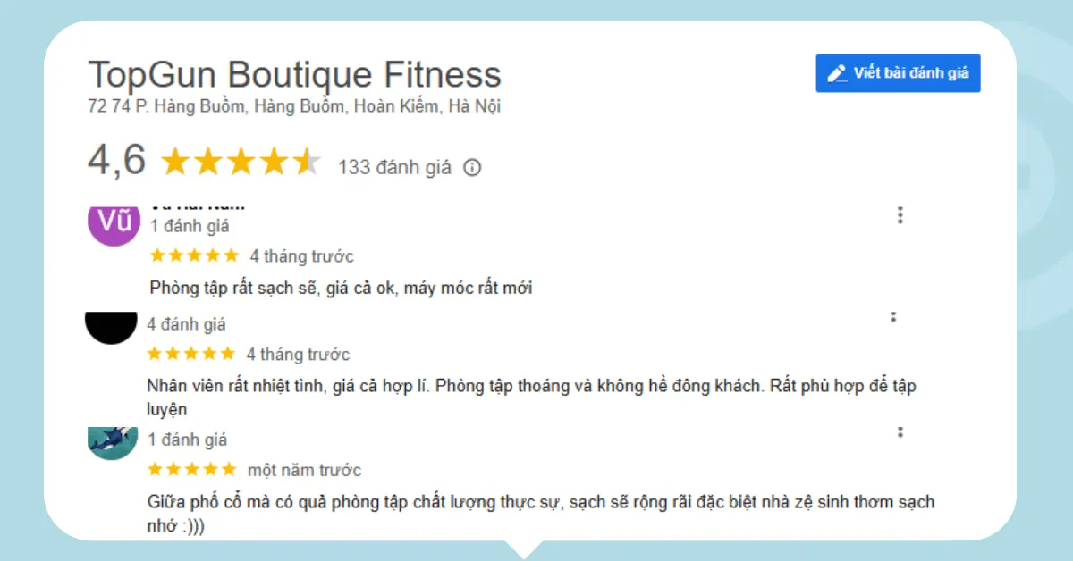 Top Gun Fitness được khách hàng đánh giá cao về không gian tập luyện thoải mái