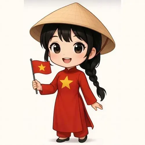 Ảnh nữ chibi cầm cờ Việt Nam, mắt long lanh má hồng, nhìn là muốn lưu ngay