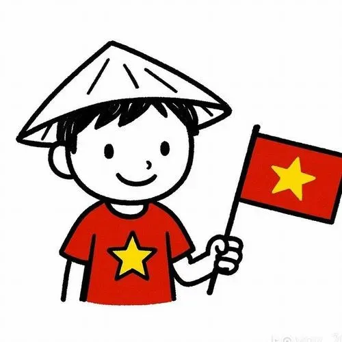 Ảnh hoạt hình chibi đứng bộ cục trung tâm nền tối giản tạo vibe yêu nước