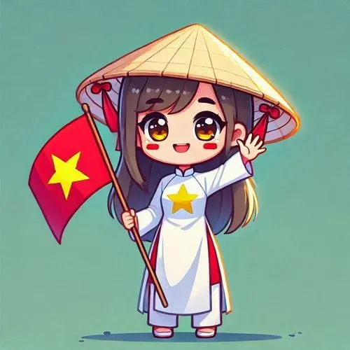 Hình chibi mặc áo dài cầm Lá cờ Việt Nam tạo vibe tự hào
