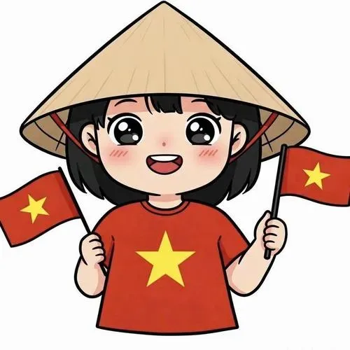 Hình minh họa chibi cầm cờ Việt Nam với mắt long lanh má hồng đậm