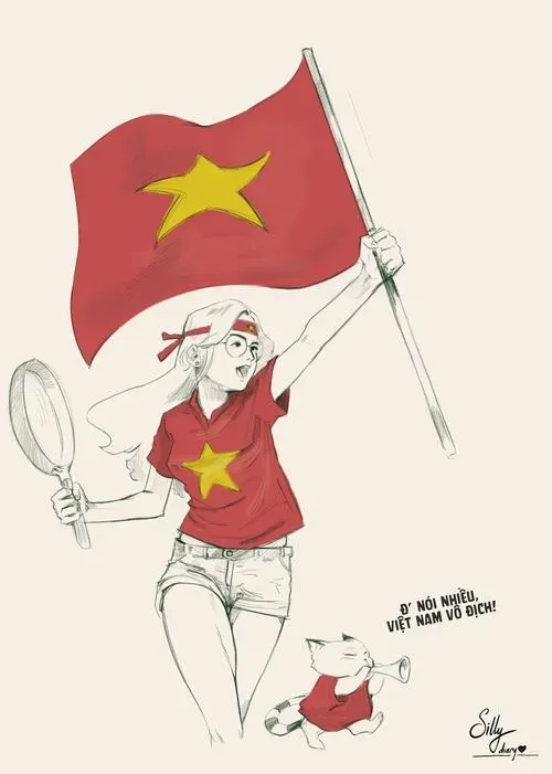 Ảnh Chibi cầm cờ phối Trang phục đồng phục đồng điệu đỏ vàng rực rỡ