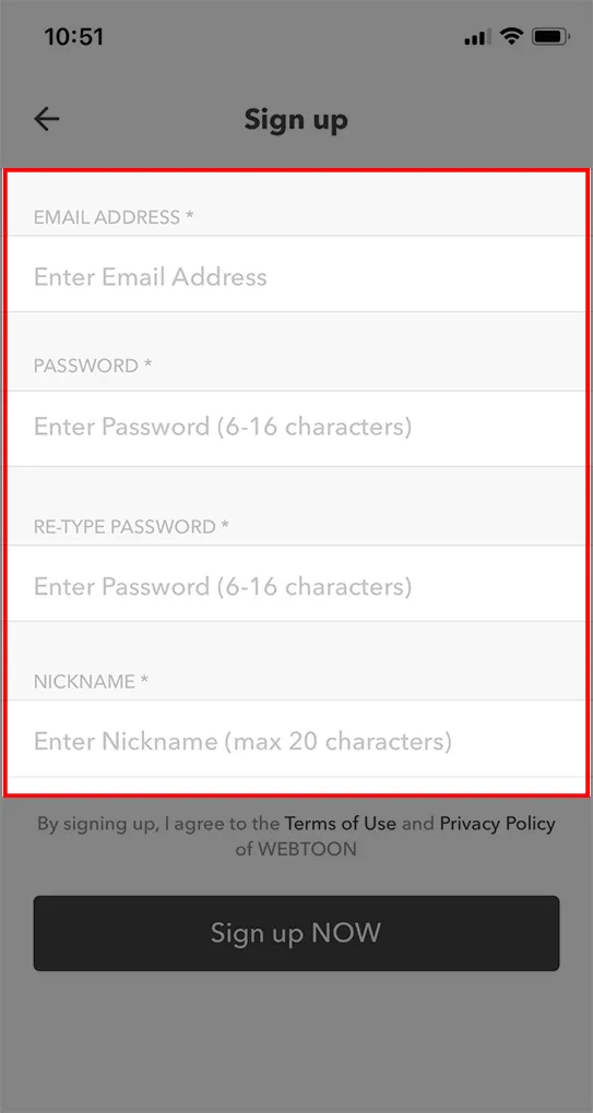 Form điền thông tin cá nhân chính xác khi đăng ký thành viên Webtoon 2026