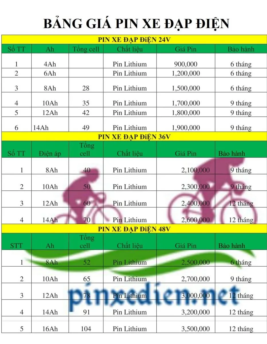 Bảng giá pin xe đạp điện các loại 24V, 36V, 48V