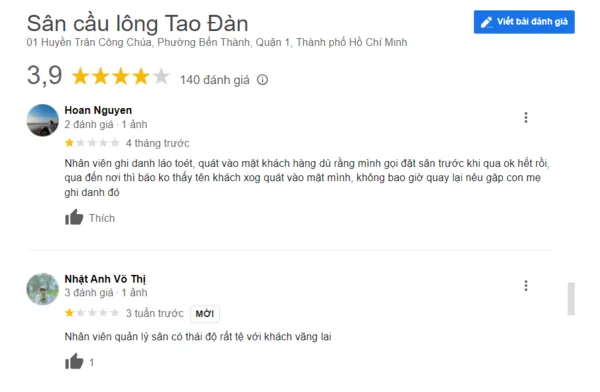 Những phản hồi tiêu cực của nhiều người chơi khi thuê sân Tao Đàn