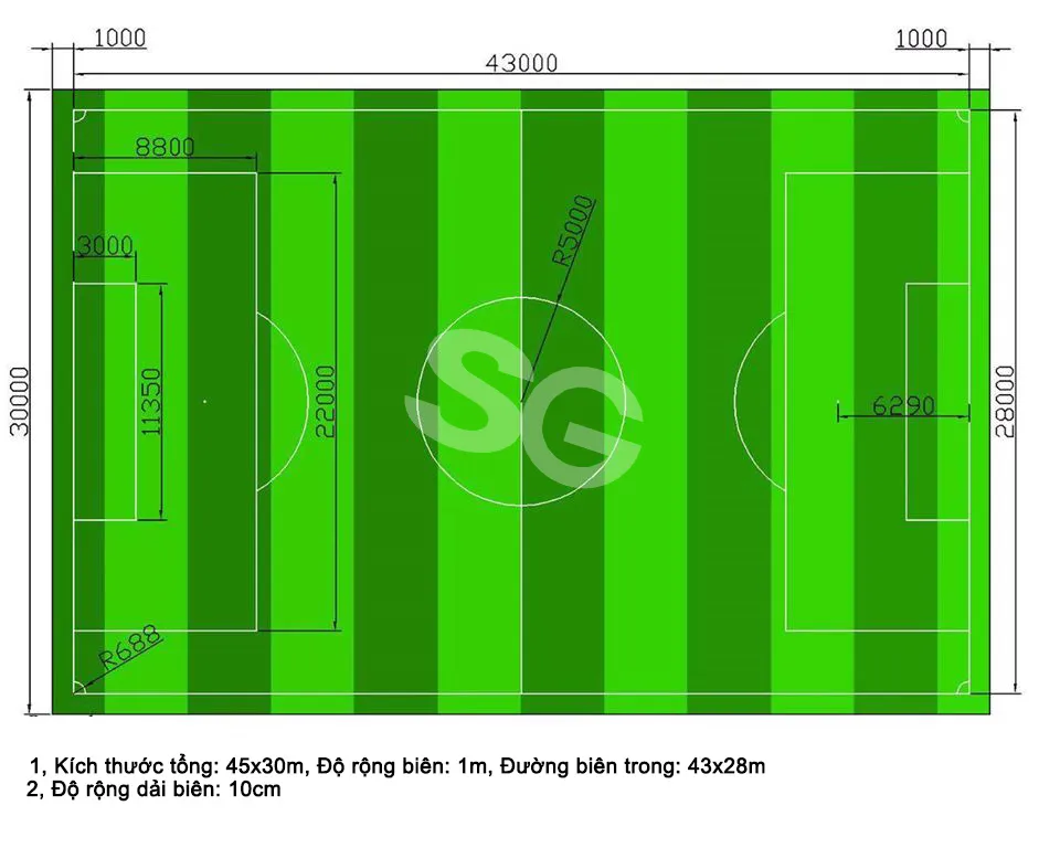 Bản vẽ mô tả kích thước sân bóng đá