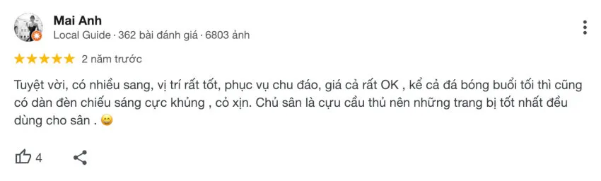 Phần lớn phản hồi từ người chơi đều đánh giá sân bóng đá 367 là đẹp, thoáng mát và chủ sân rất nhiệt tình